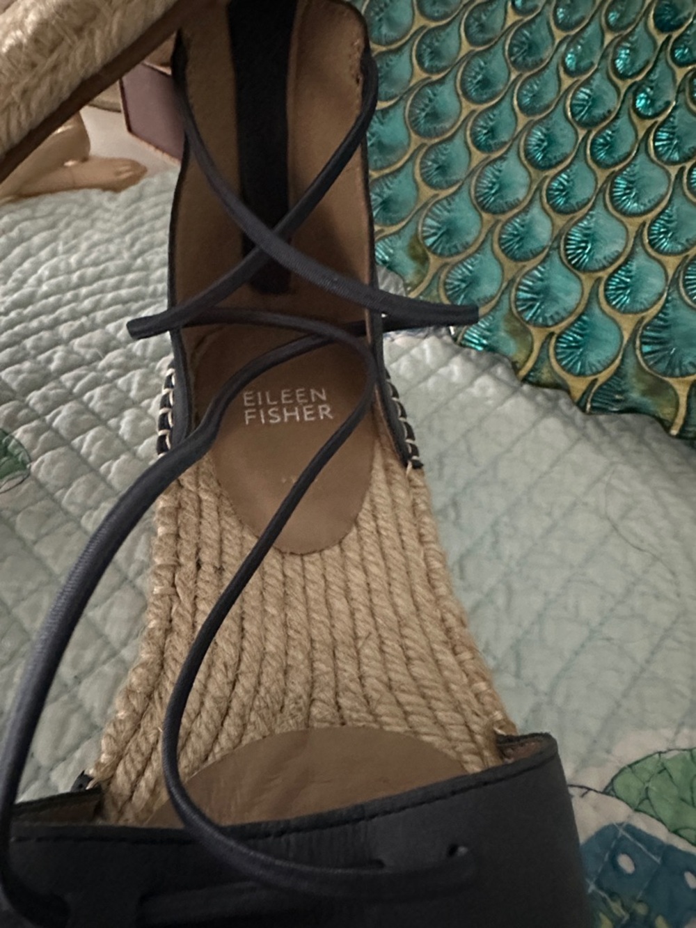 Eileen Fisher Navy Leather Espadrille Lace-Up Flats - Picture 2 of 8